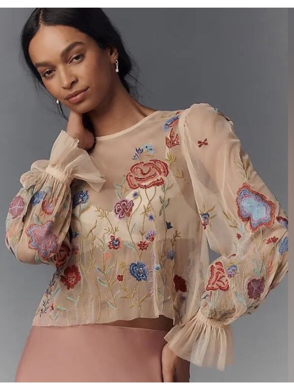 Anthropologie The Layla Sheer Blouse w/ Floral Appliqué - XS